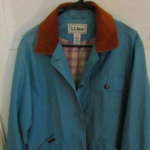 LLBean Mid Length Barn Trench Coat Slate Blue w/ Plaid Cotton Lining Sz. Large